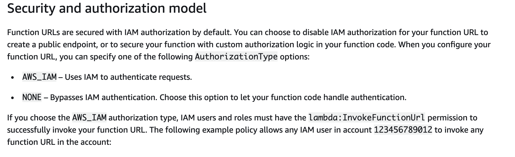 Lambda URL Config Authorization Settings